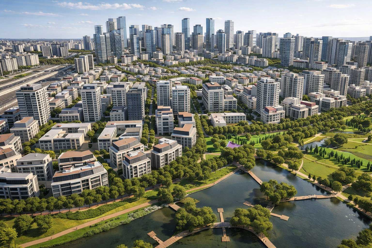 Aerial view of a modern cityscape featuring mid-rise residential buildings, green parks, and interconnected water bodies with walking paths.