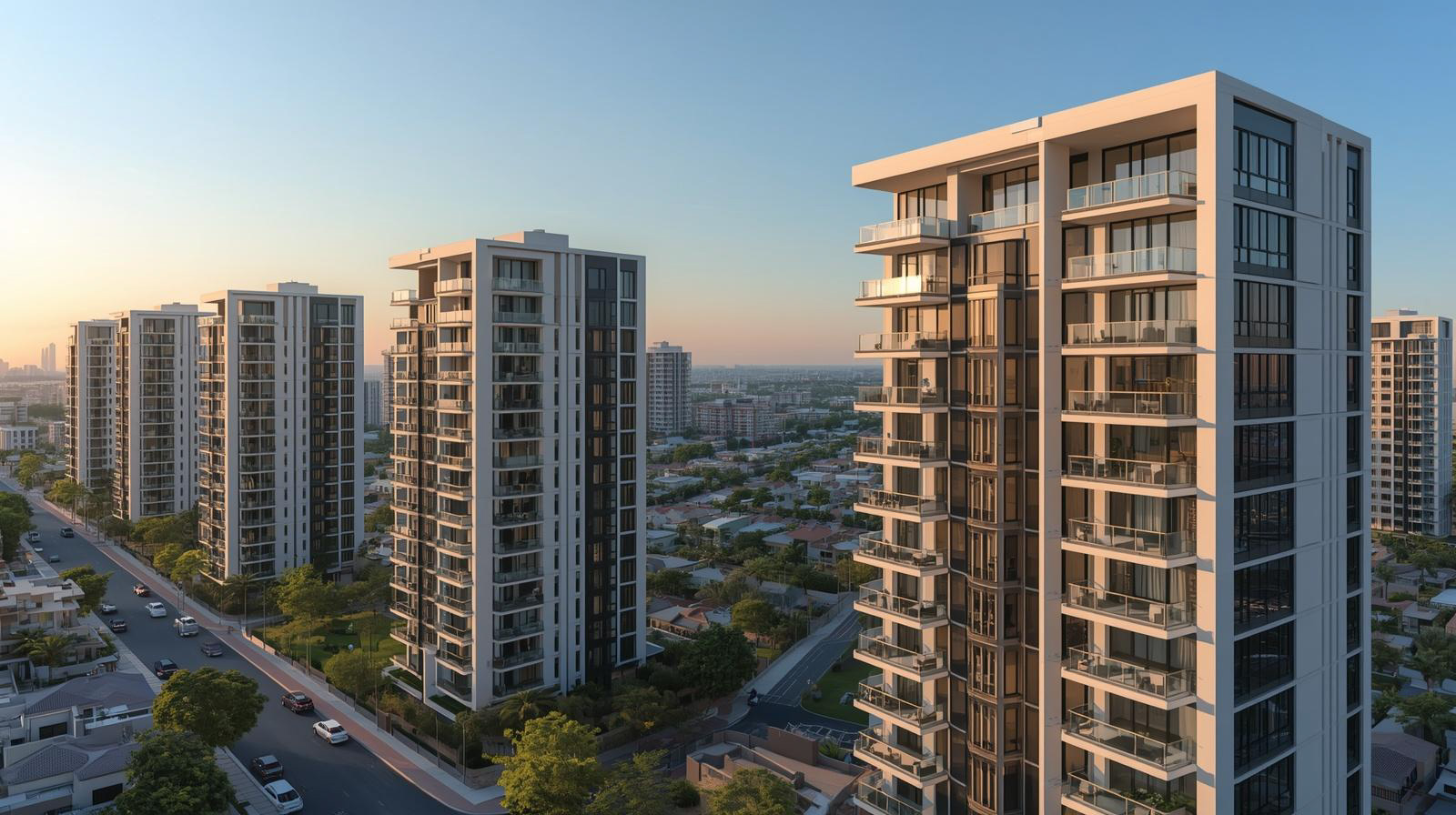 Row of modern high-rise apartment buildings along a tree-lined street at sunset.