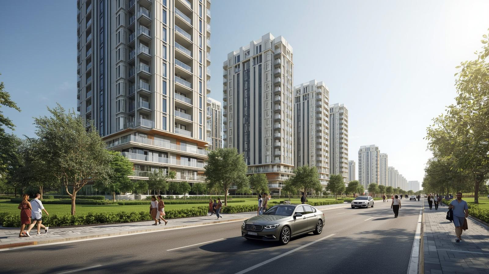 Modern residential high-rise buildings along a tree-lined street with cars and pedestrians on a sunny day.