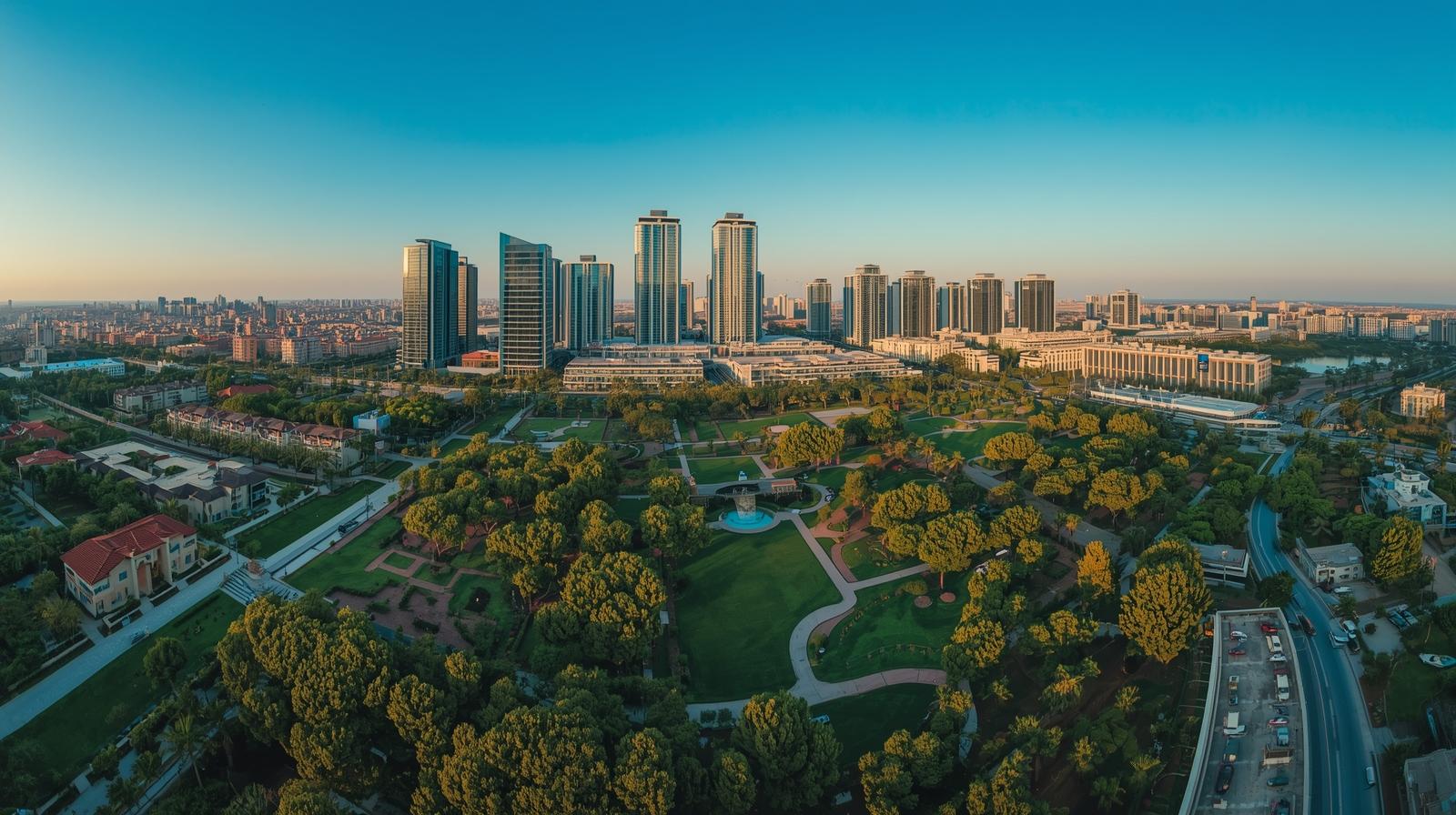 Aerial view of a city park with dense green trees and winding paths in the foreground and modern high-rise buildings under a clear blue sky in the background.