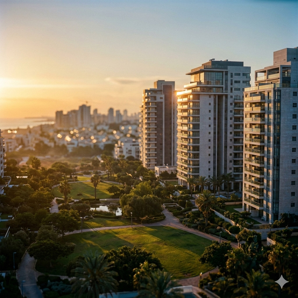 Sunset view of modern high-rise apartment buildings overlooking a green park with palm trees and walking paths.