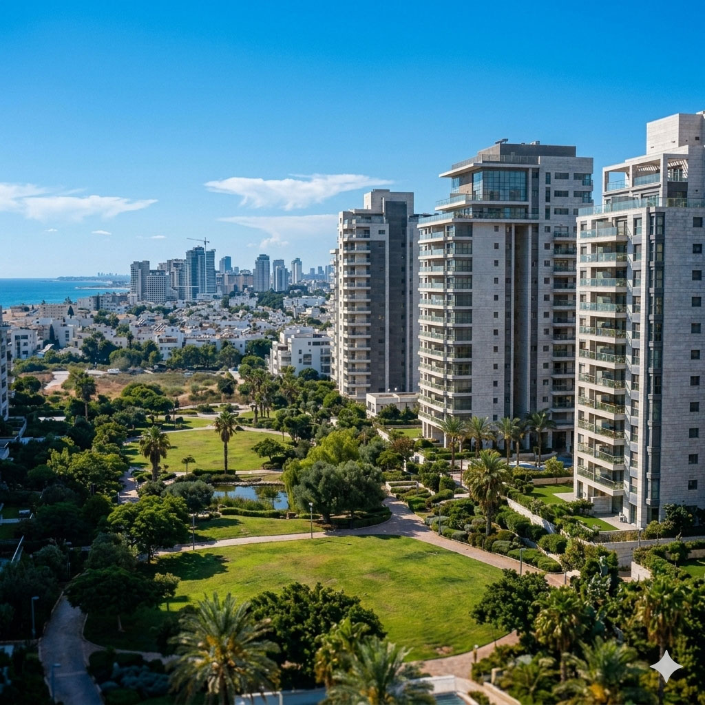 High-rise residential buildings overlooking a landscaped park with palm trees and a pond, with a city skyline and sea in the background under a clear blue sky.