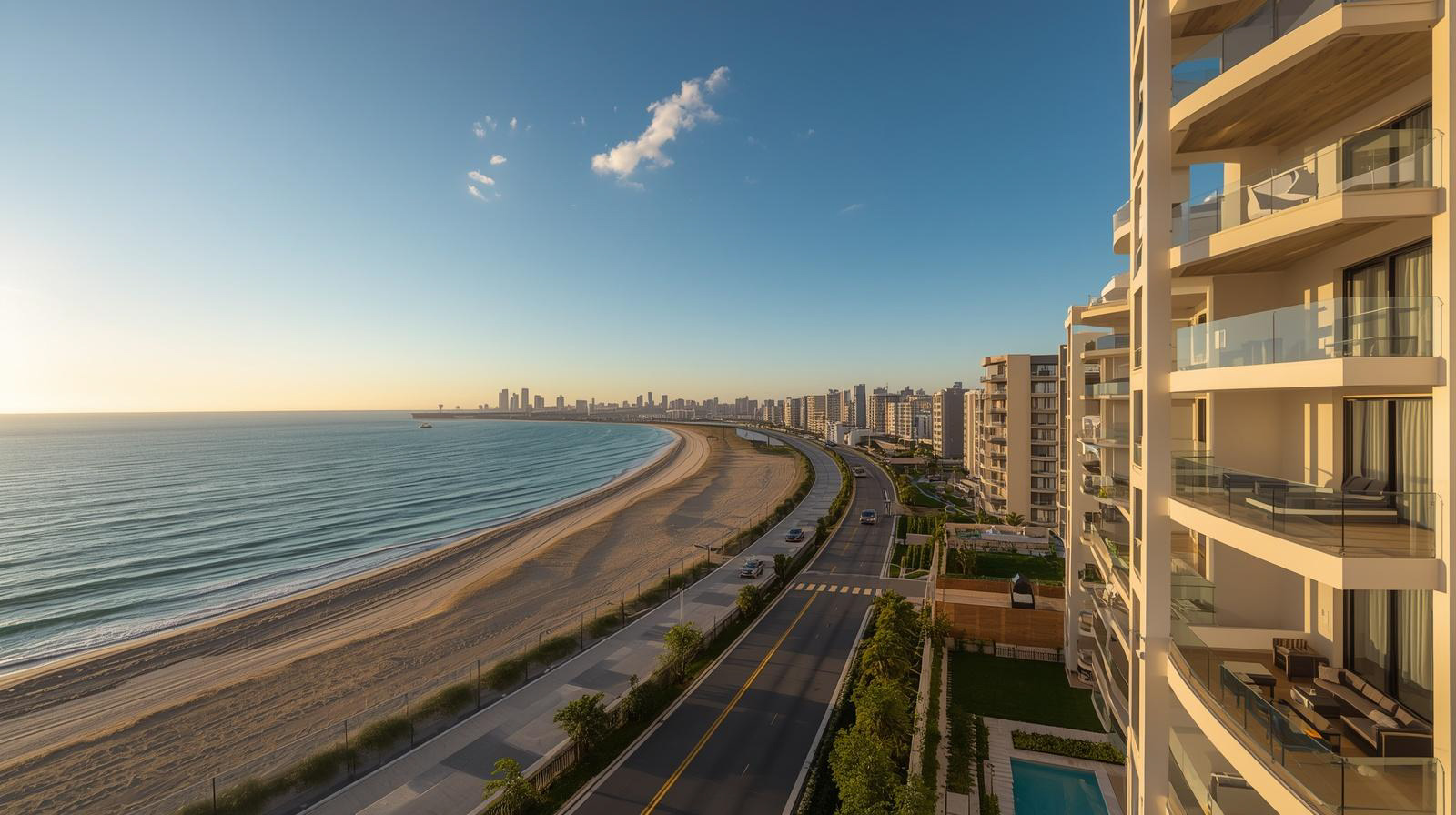 Curved coastal road alongside sandy beach and modern beachfront apartments under clear blue sky at sunset.