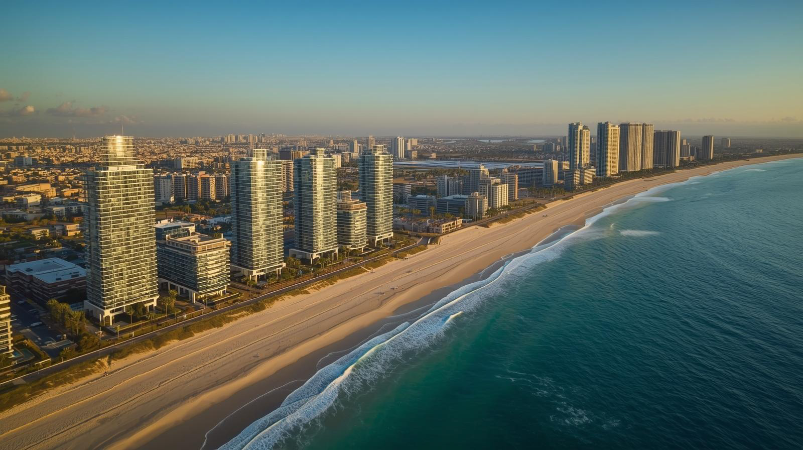 Aerial view of a city coastline with tall modern buildings along a wide sandy beach and blue ocean waves.
