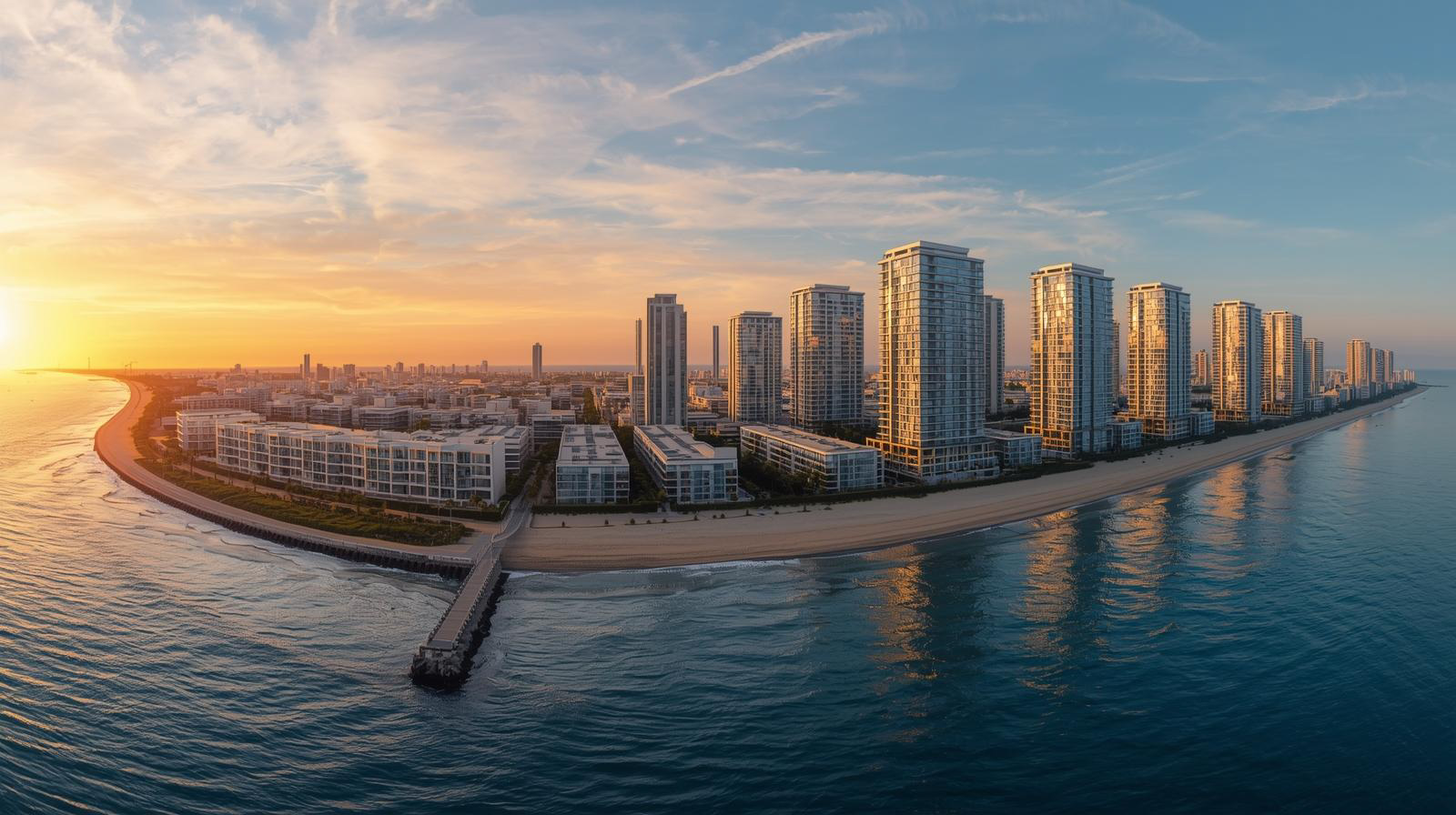 Coastal cityscape at sunset with high-rise buildings reflecting in calm ocean waters and a sandy beach with a pier.