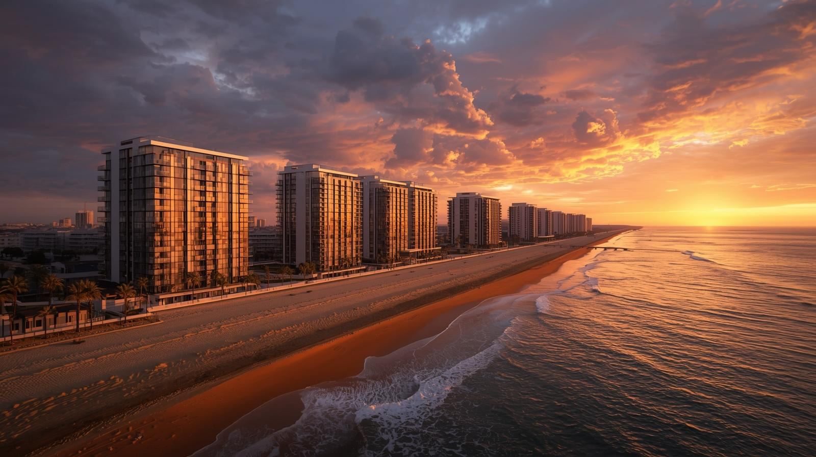 Sunset over beachfront high-rise buildings with waves gently washing onto the sandy shore.