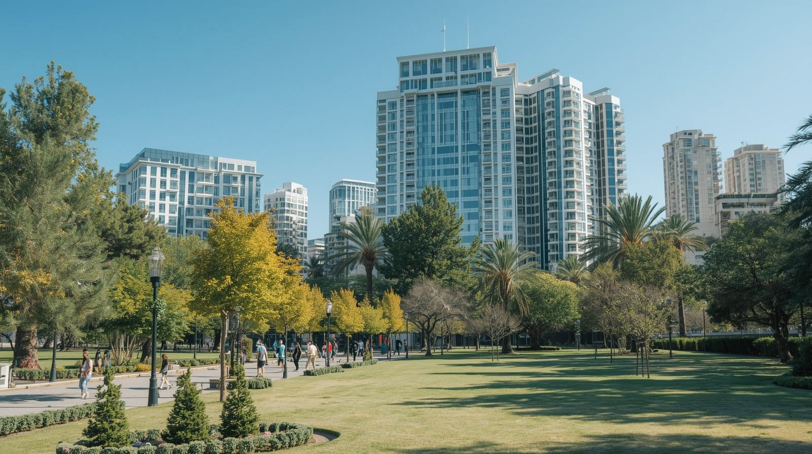 City park with green grass, trees, and people walking on a path, with modern high-rise buildings in the background under a clear blue sky.
