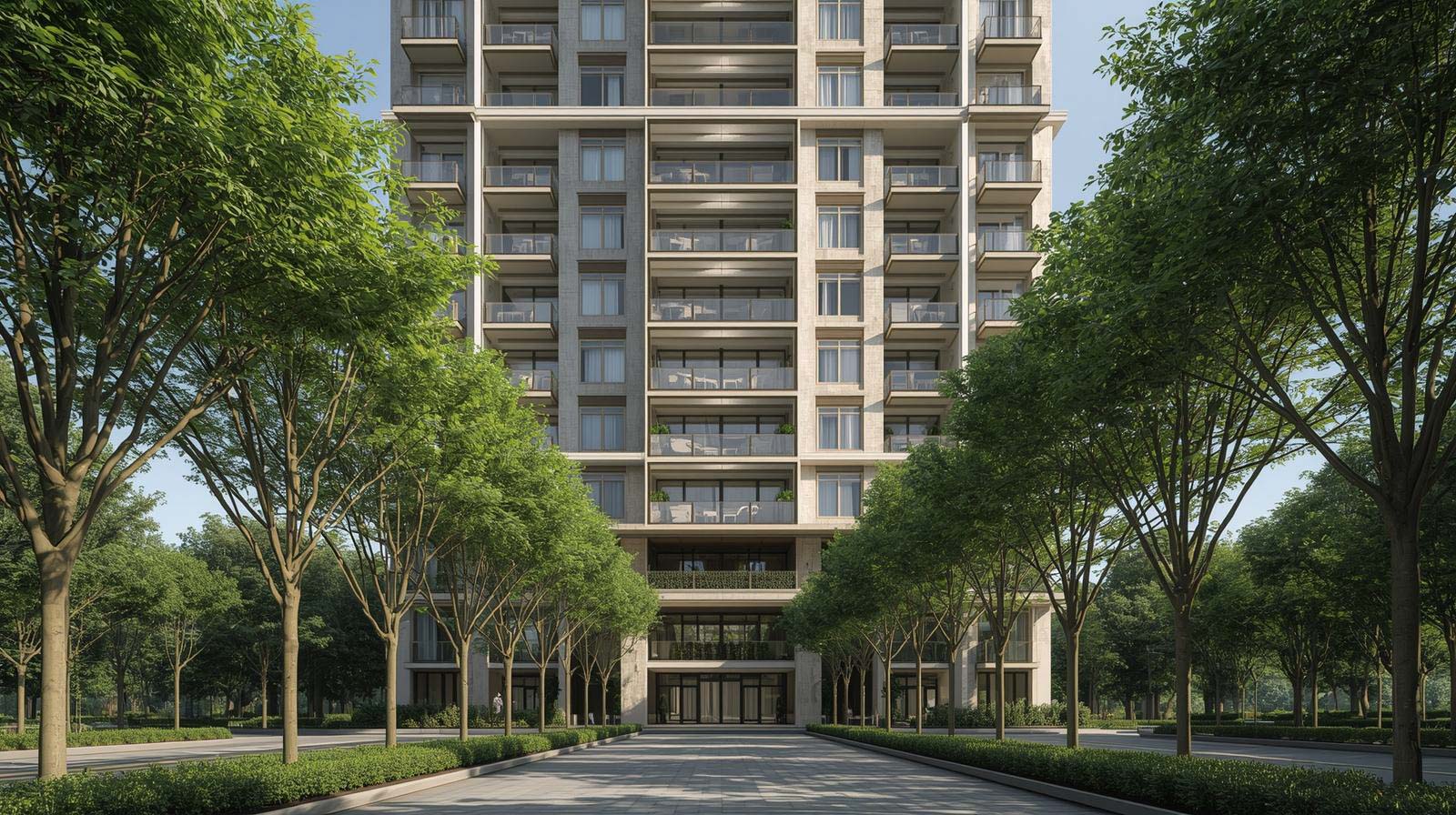 Modern multi-story residential building with balconies, framed by two rows of green trees along a paved walkway.