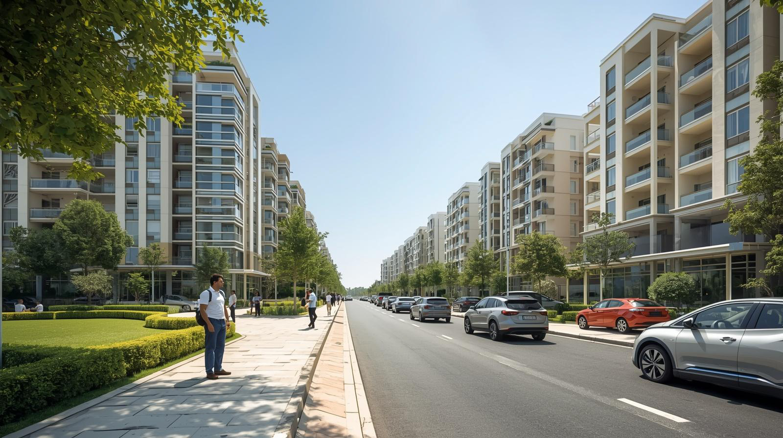 Wide street lined with modern multi-story apartment buildings and parked cars under clear blue sky.