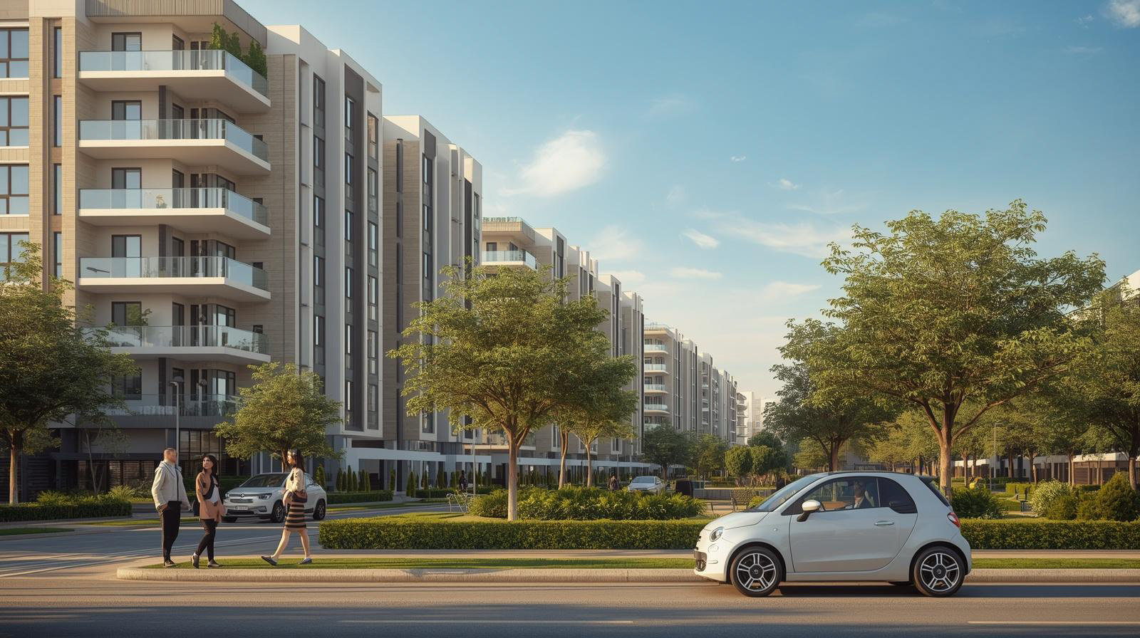 Modern residential buildings with balconies along a tree-lined street where three people walk on the sidewalk and a small white car is parked nearby.