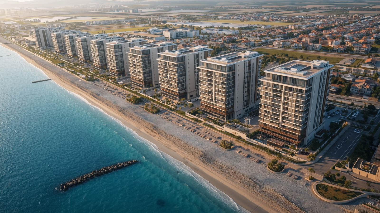 Aerial view of a row of modern beachfront apartment buildings along a sandy beach with blue ocean water and a rocky jetty.