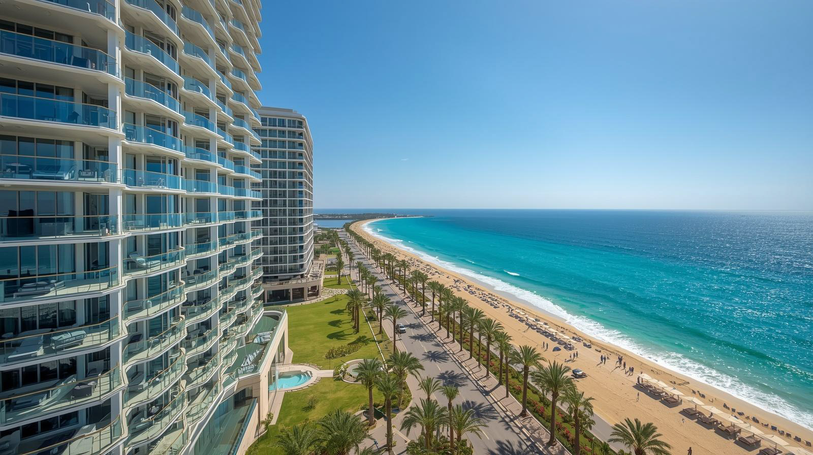 High-rise beachfront condos overlooking a palm-lined road, sandy beach, and turquoise ocean under a clear blue sky.