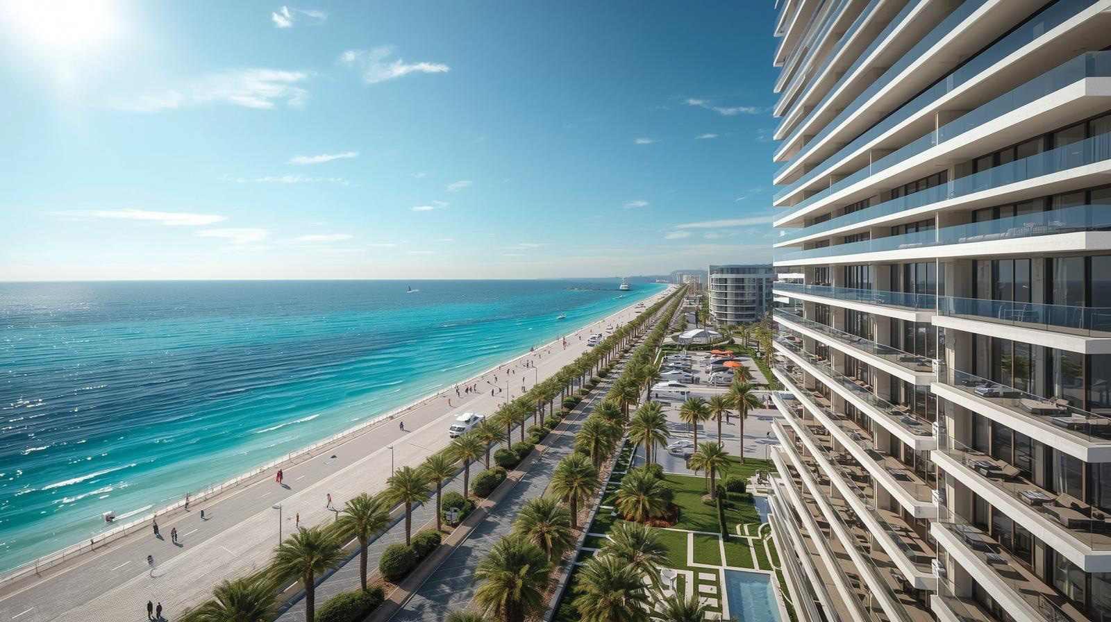 High-rise beachfront building overlooking a palm-lined promenade along a turquoise ocean under a sunny sky.