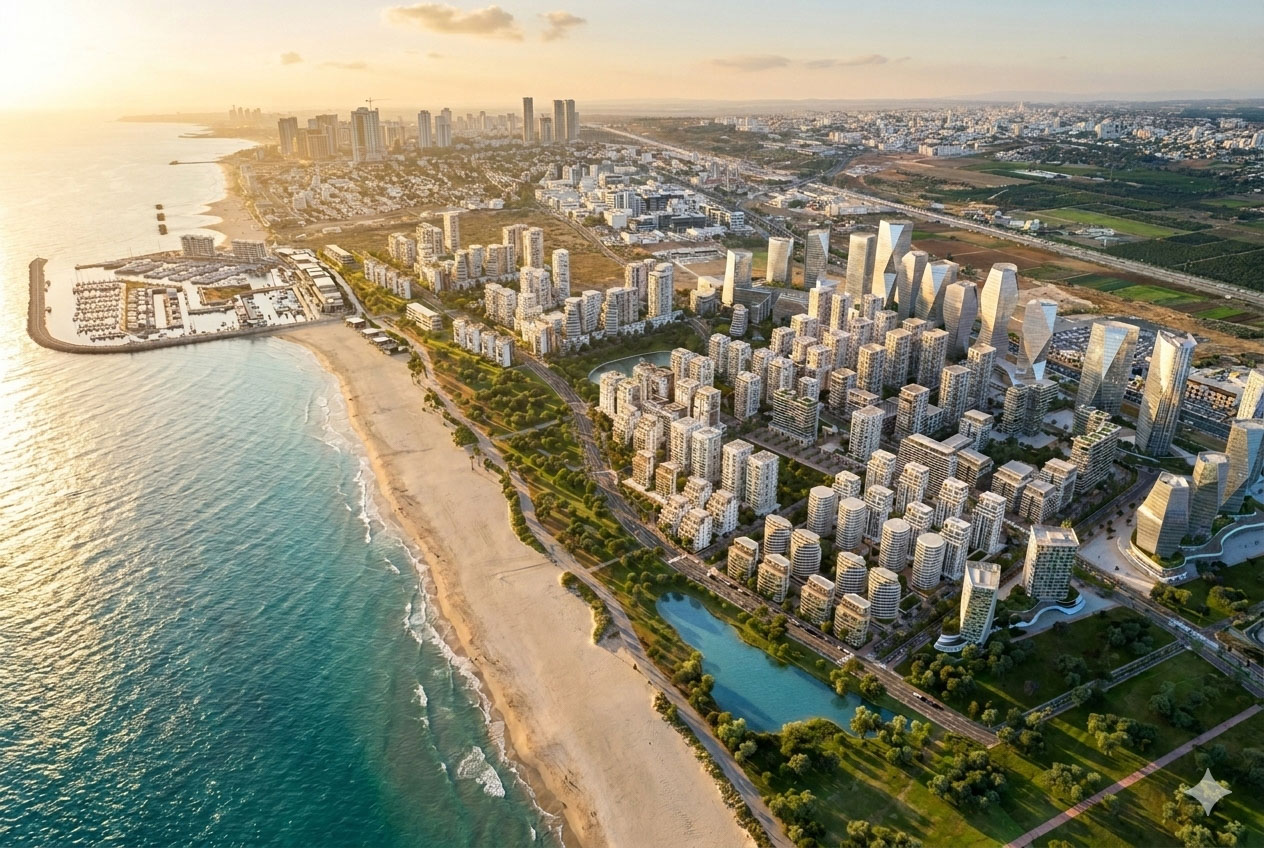 Aerial view of a coastal city with modern high-rise buildings, a marina, sandy beach, and green spaces at sunset.