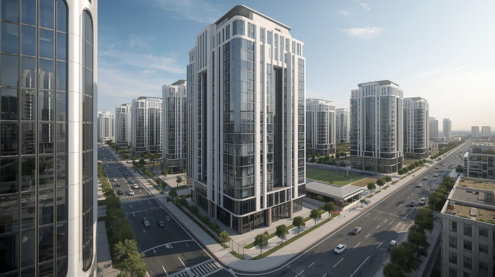 Modern high-rise residential buildings with glass facades lining both sides of a wide, tree-lined street under a clear sky.