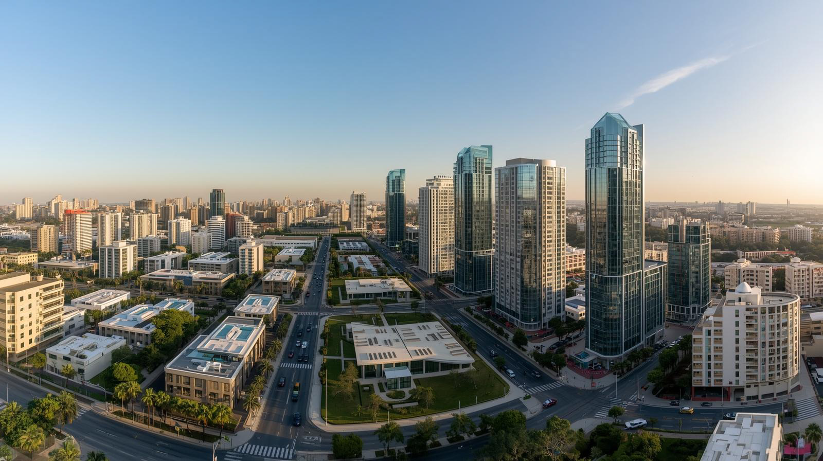 Modern cityscape with glass skyscrapers, residential buildings, and green spaces under a clear blue sky at sunset.