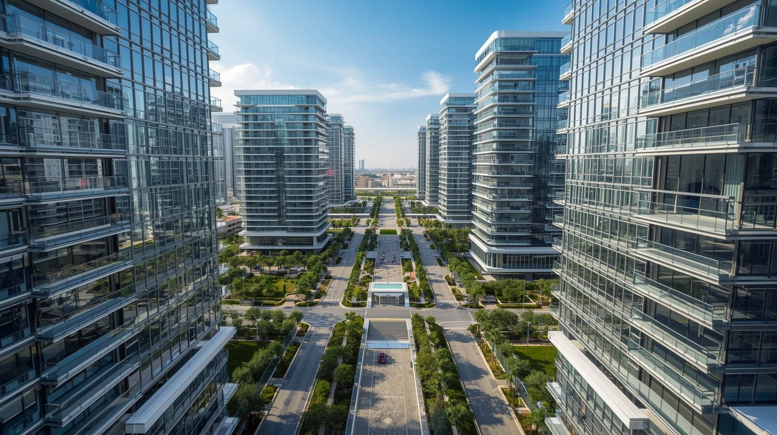 Modern glass high-rise buildings along a wide tree-lined street under a blue sky.