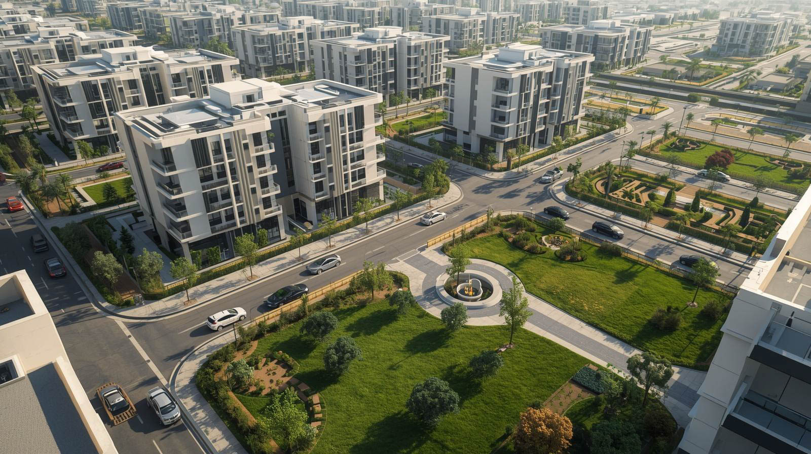 Aerial view of a modern residential complex with multiple multi-story buildings, green lawns, landscaped gardens, and roads with cars.