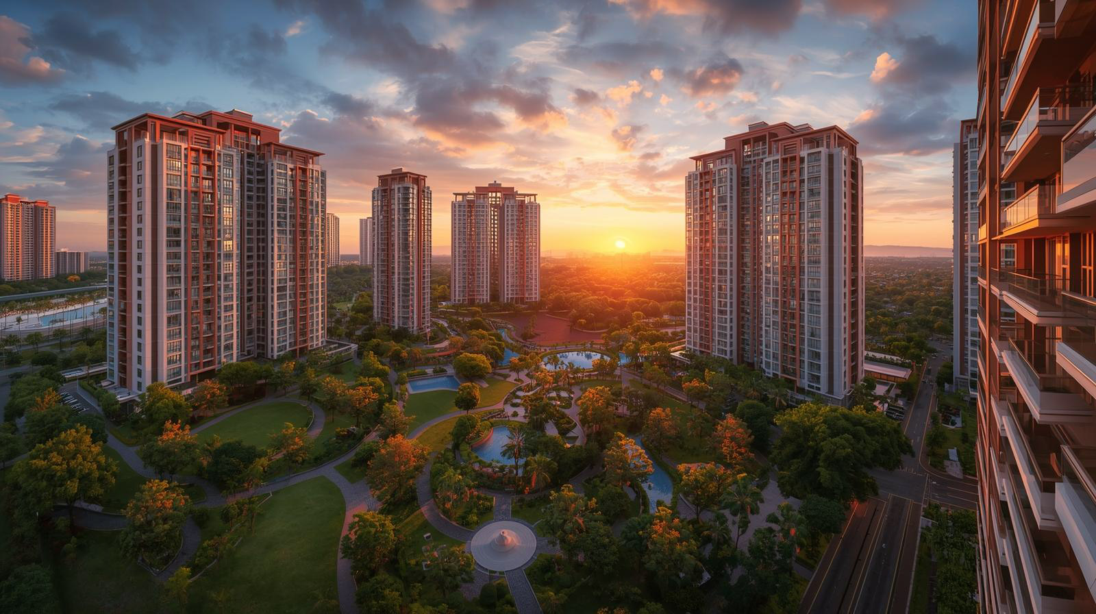Sunset view of a modern residential complex with tall buildings surrounding a landscaped garden with pathways and water features.
