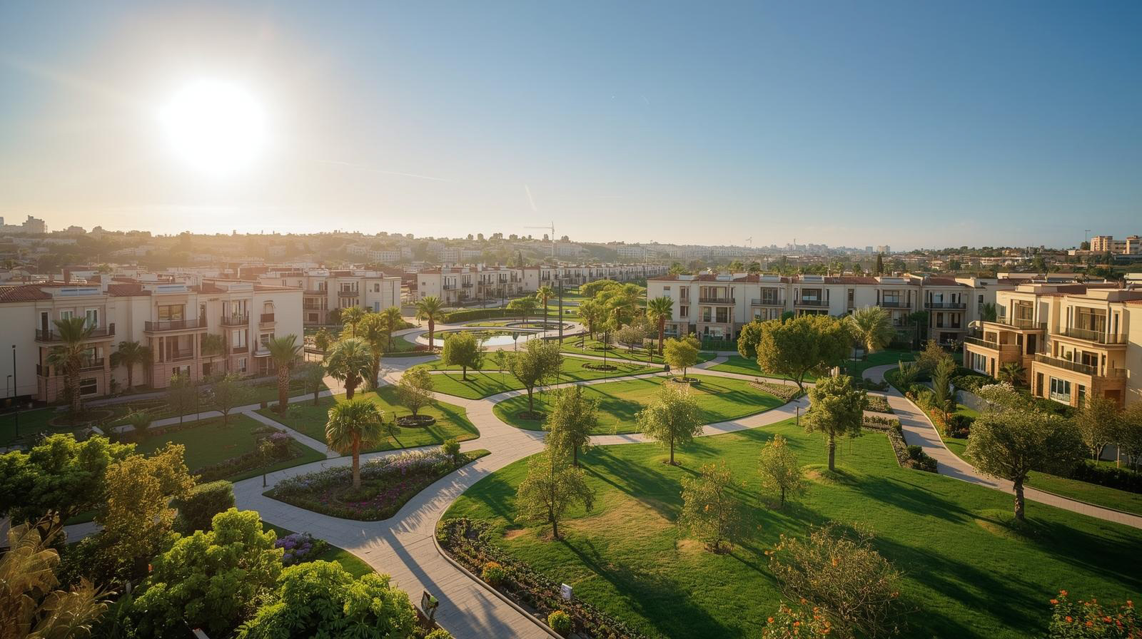 Sunlit residential complex with modern buildings, green lawns, trees, and winding pathways under a clear sky.