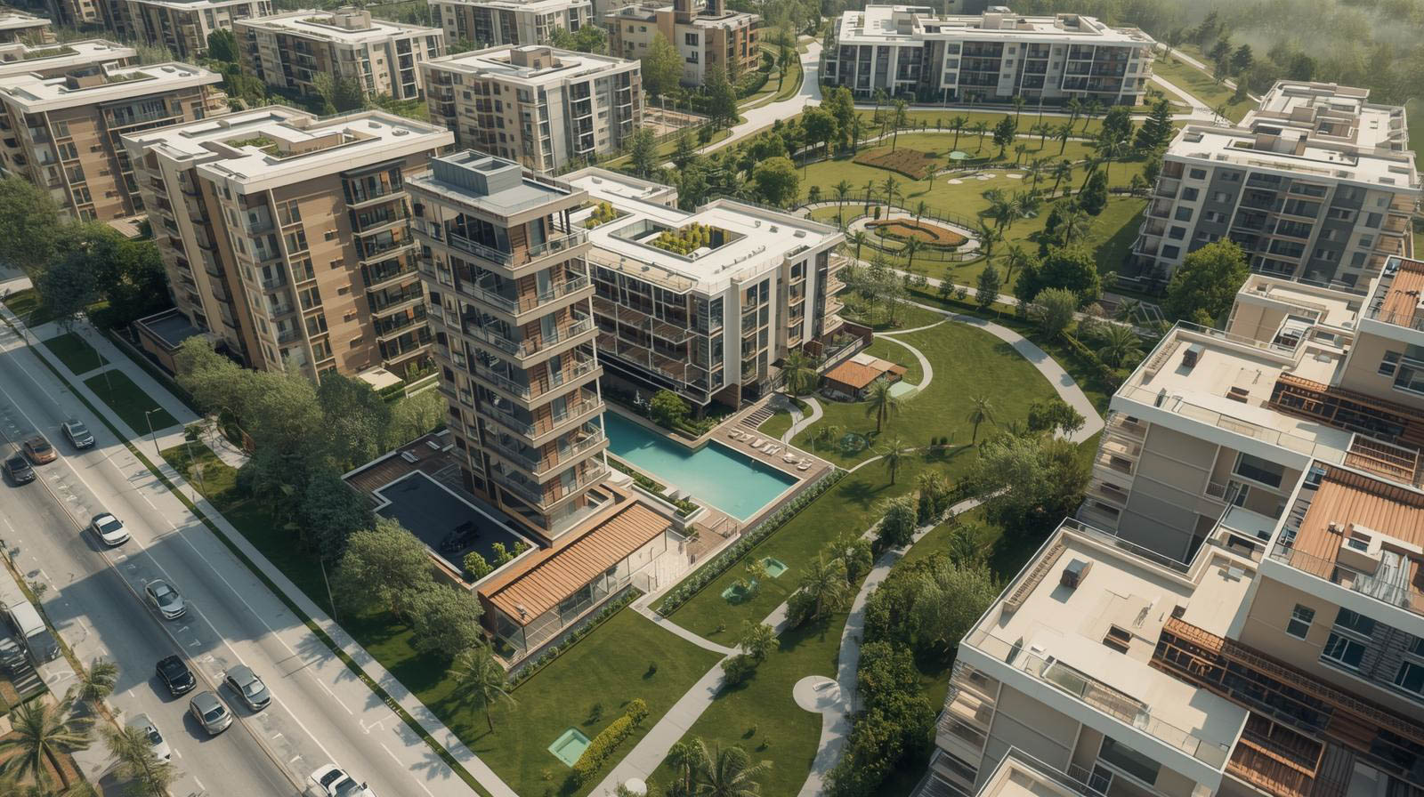 Aerial view of a modern residential complex with multiple mid-rise apartment buildings, green lawns, walking paths, and a rectangular swimming pool.