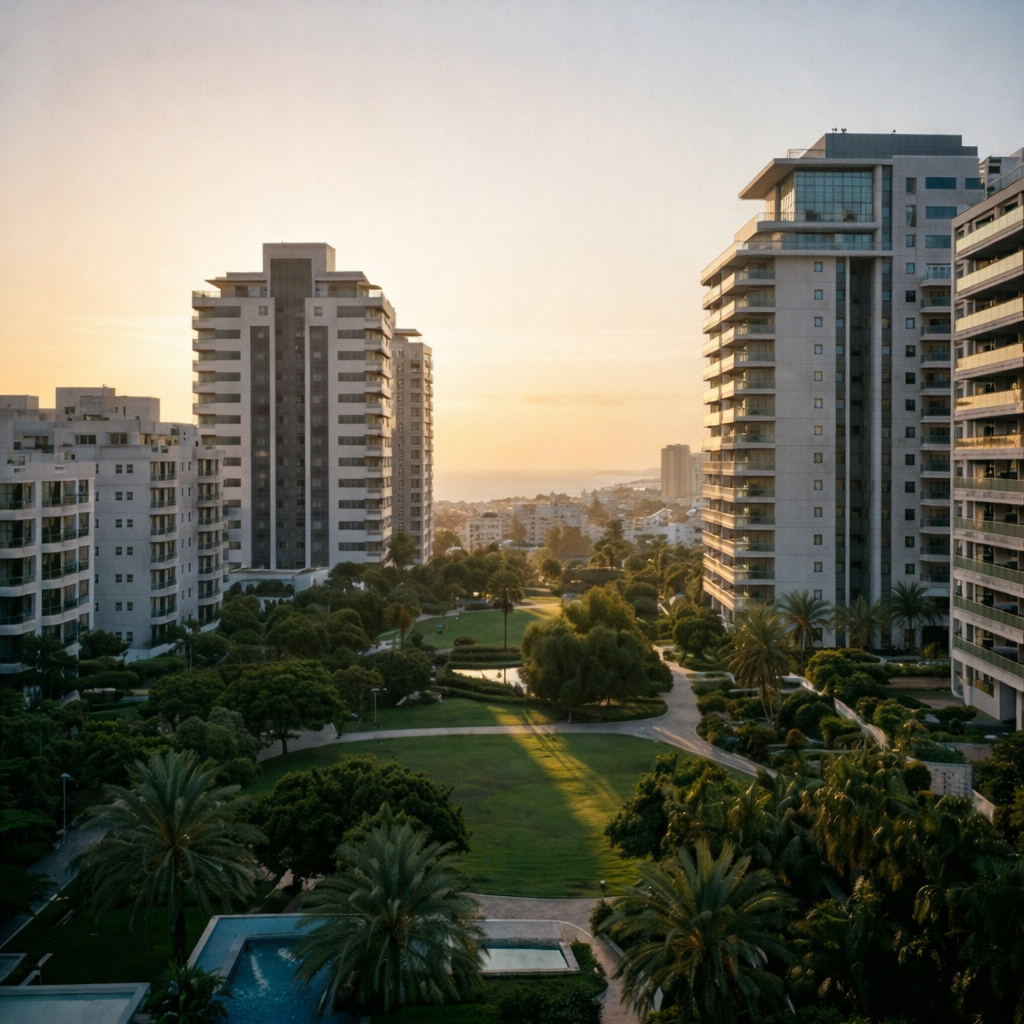 Sunset view of a residential area with tall apartment buildings, green lawns, palm trees, and a swimming pool.