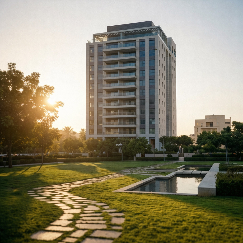 Modern multi-story residential building with balconies, surrounded by a landscaped garden with a stone path and reflecting pond at sunset.