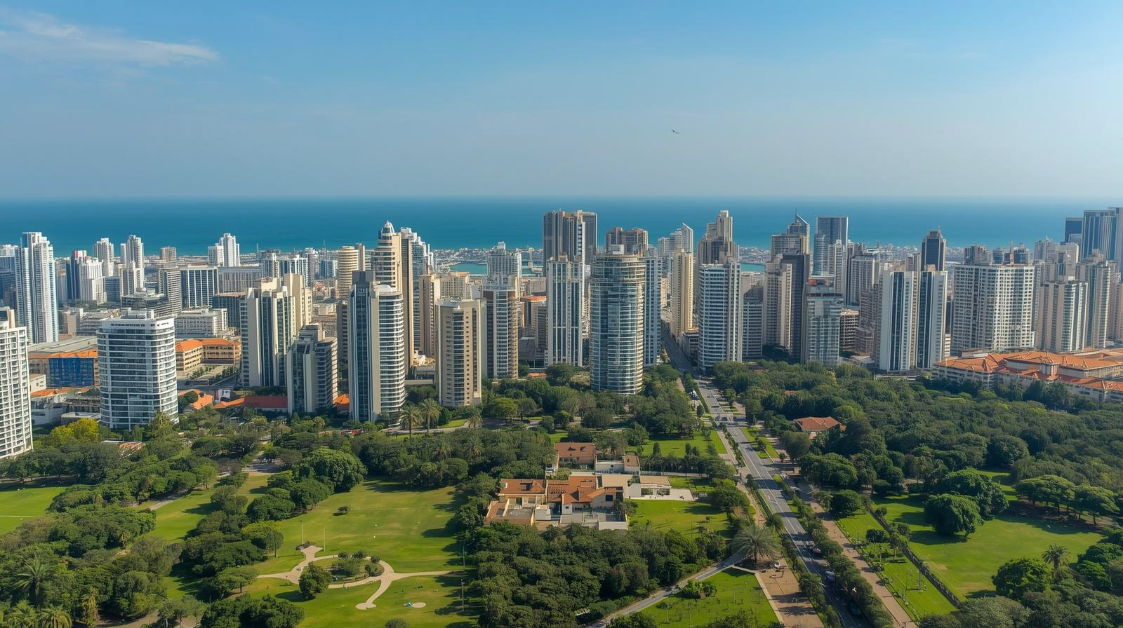 Aerial view of a coastal city skyline with numerous high-rise buildings, lush green parks, and a blue ocean background under a clear sky.