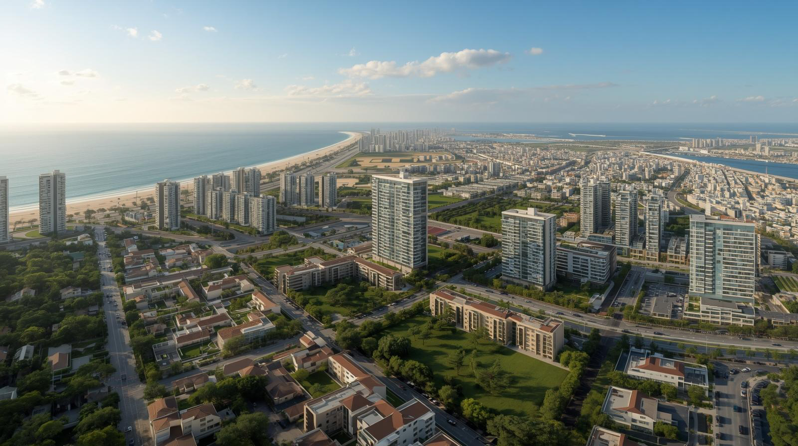 Aerial view of a coastal city with a long sandy beach, high-rise buildings, and residential areas under a blue sky with a few clouds.