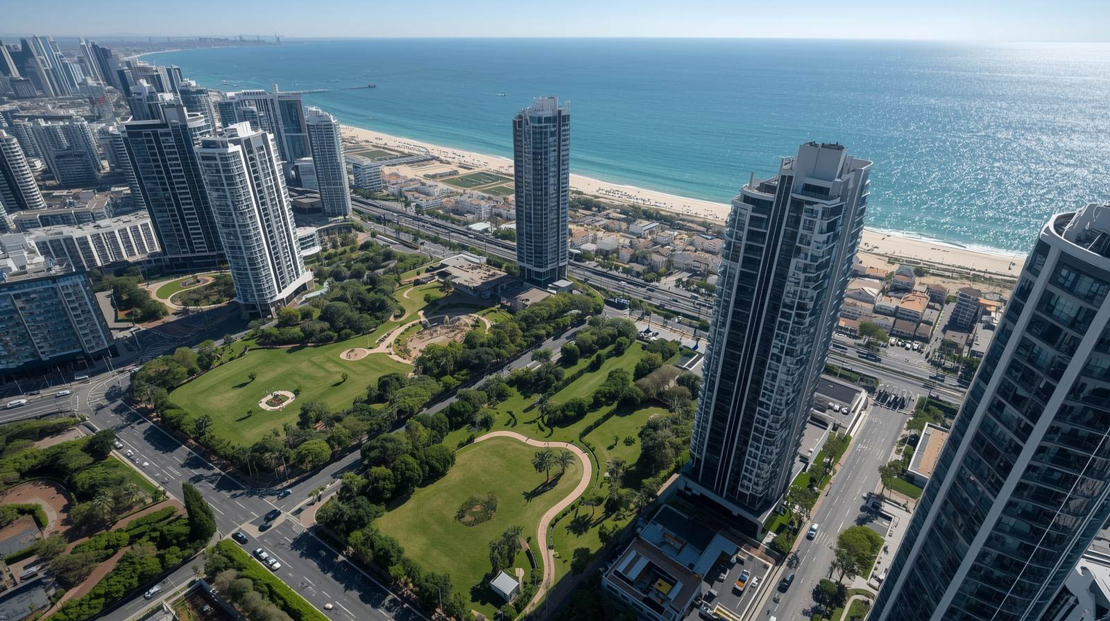 Aerial view of a coastal city with high-rise buildings, green parks, and a sandy beach along a blue ocean.