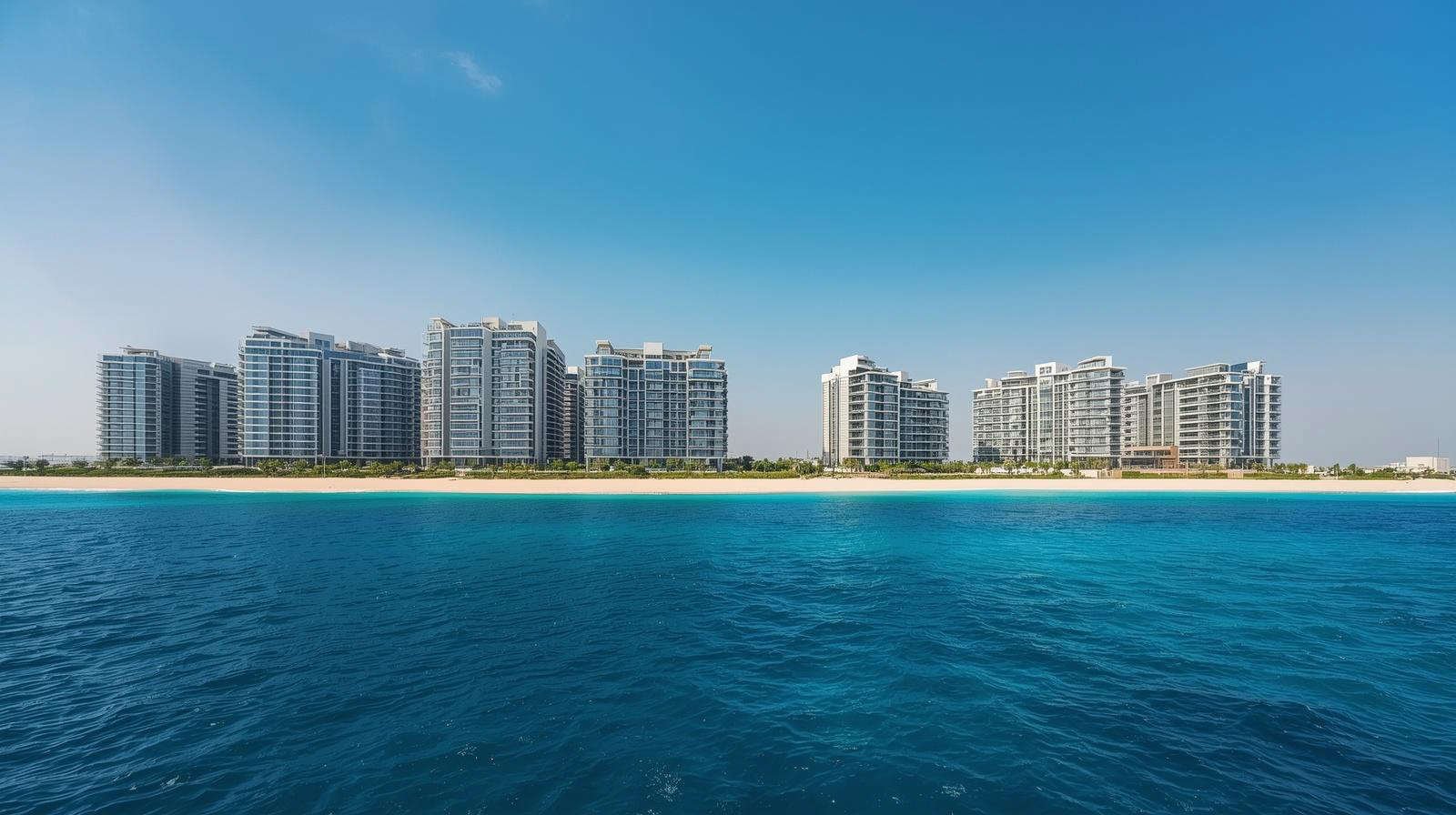 Modern beachfront residential buildings along a sandy shore with deep blue ocean and clear sky.