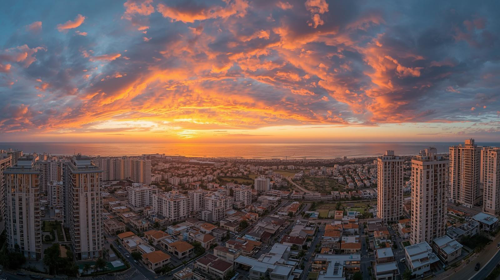 Urban cityscape at sunset with tall buildings in the foreground and a dramatic orange and purple cloudy sky over the ocean horizon.