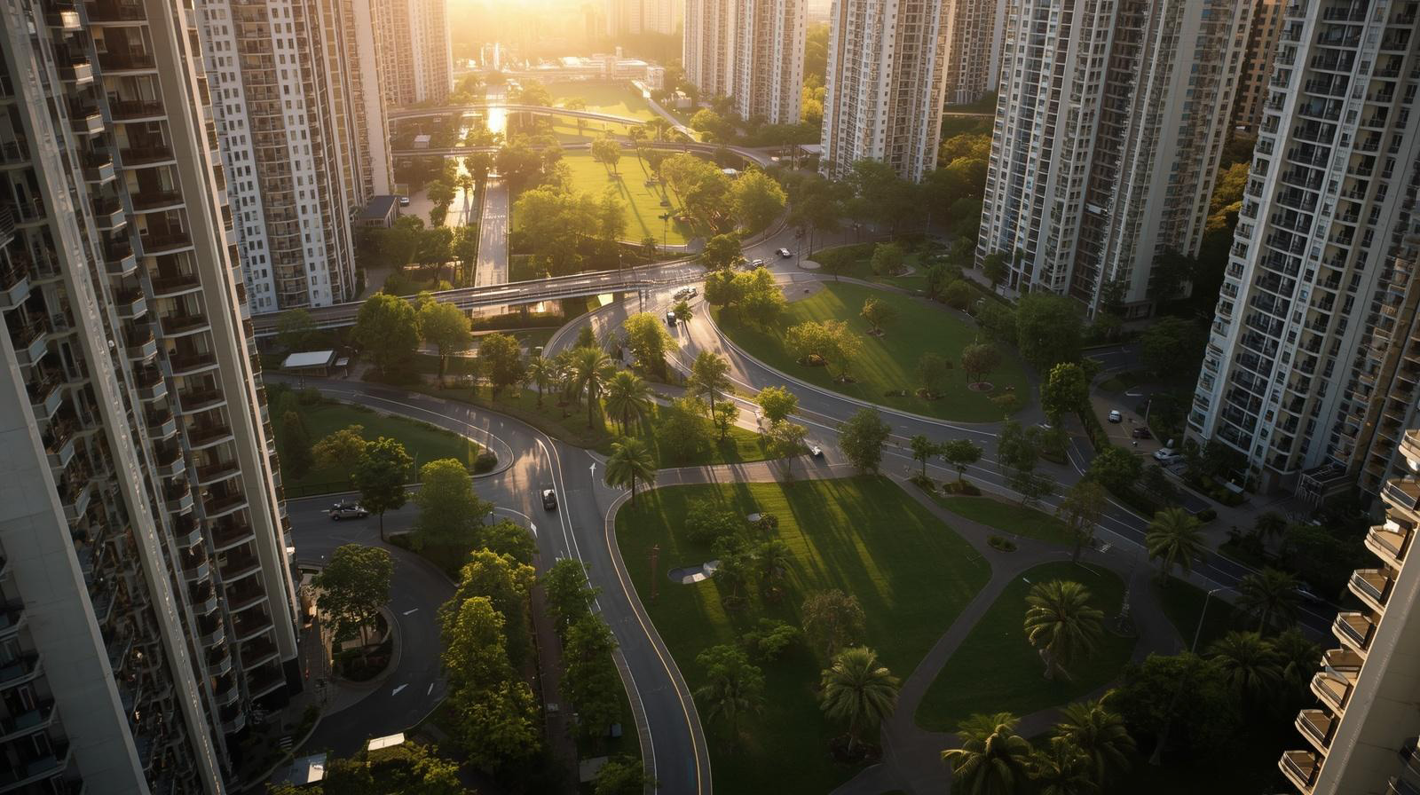 Sunlit modern residential area with high-rise buildings, curving roads, and lush green parks.