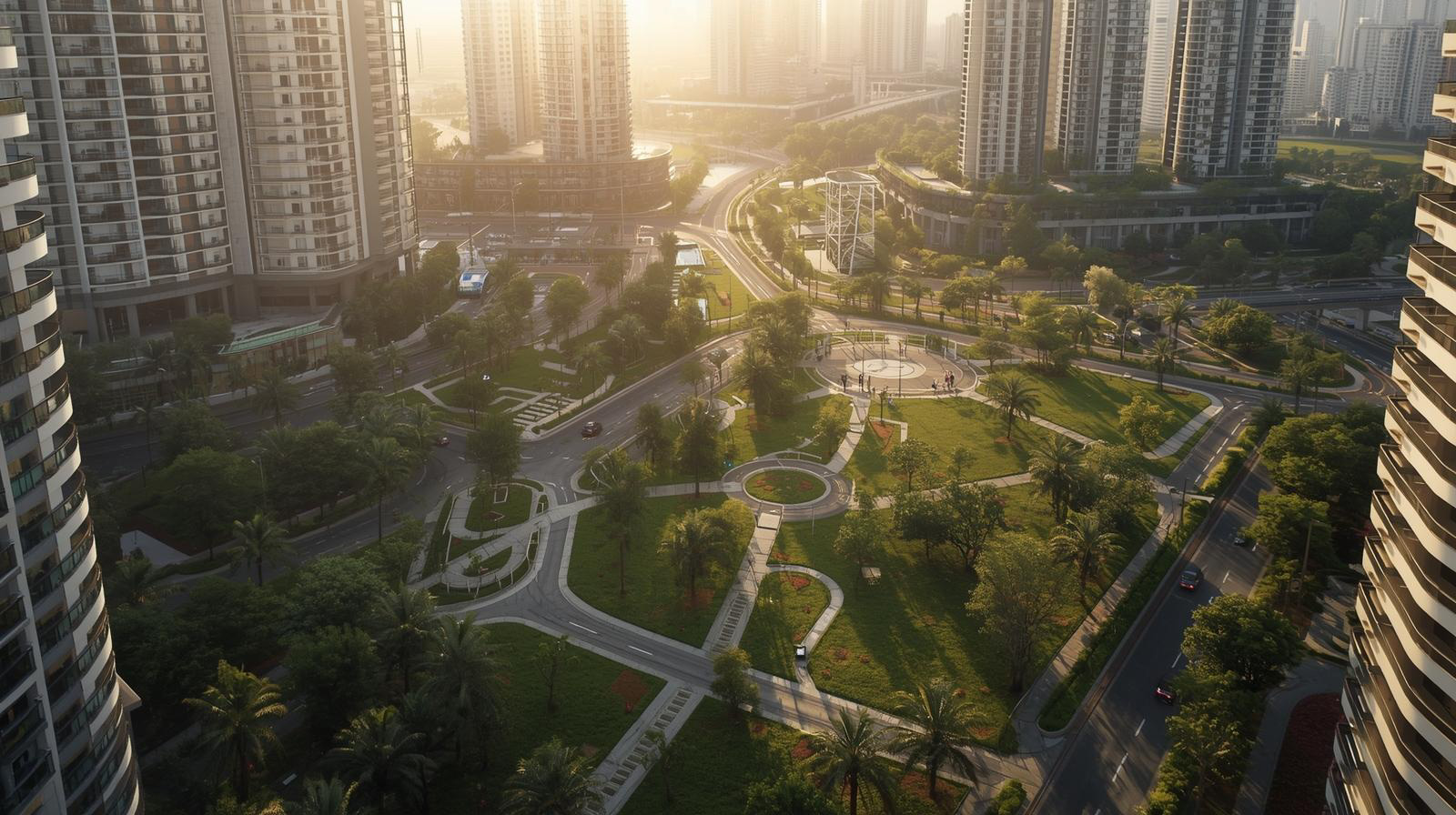 Aerial view of a modern urban park with pathways, green lawns, palm trees, and surrounding high-rise residential buildings in soft evening sunlight.