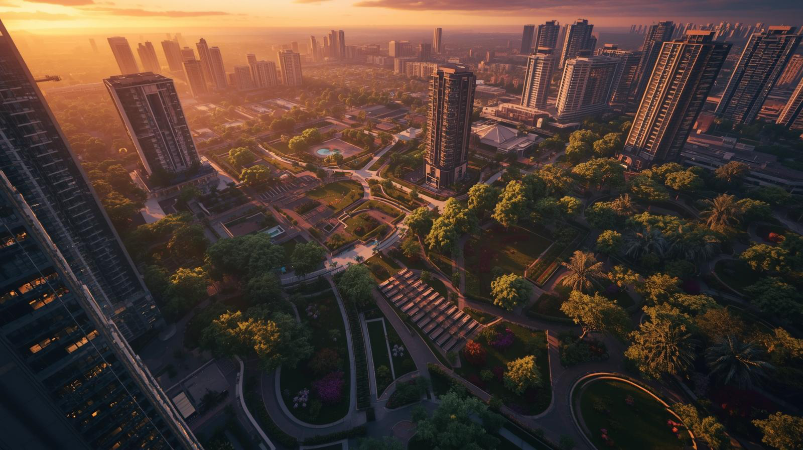 Aerial view of a city park surrounded by modern high-rise buildings at sunset with warm golden light.