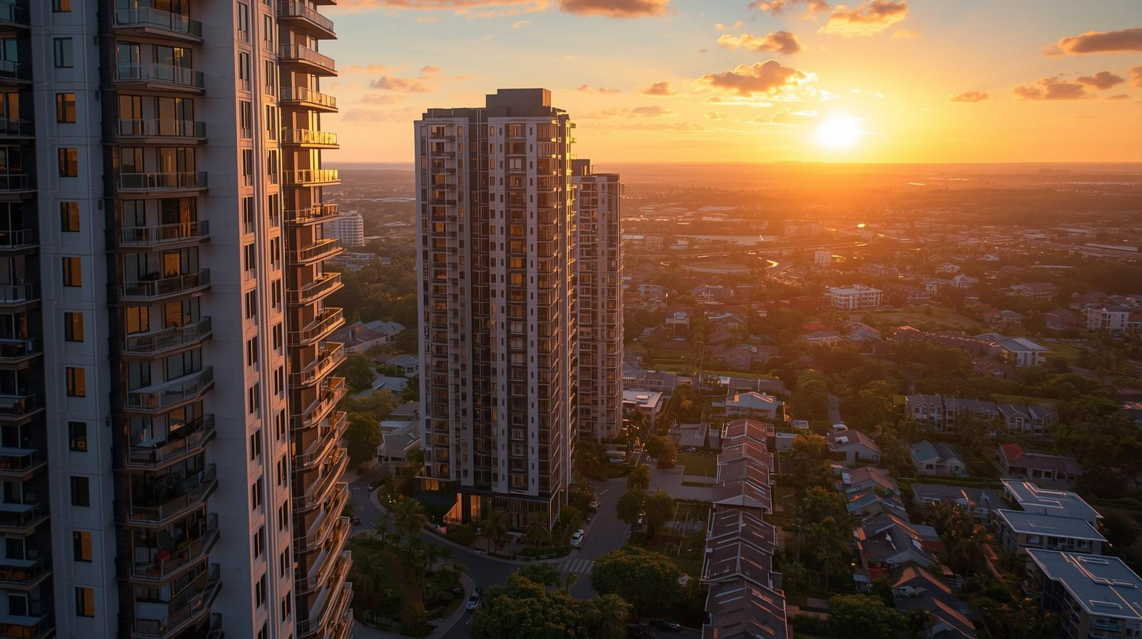 Urban high-rise residential buildings at sunset with warm sunlight casting long shadows over houses and greenery.
