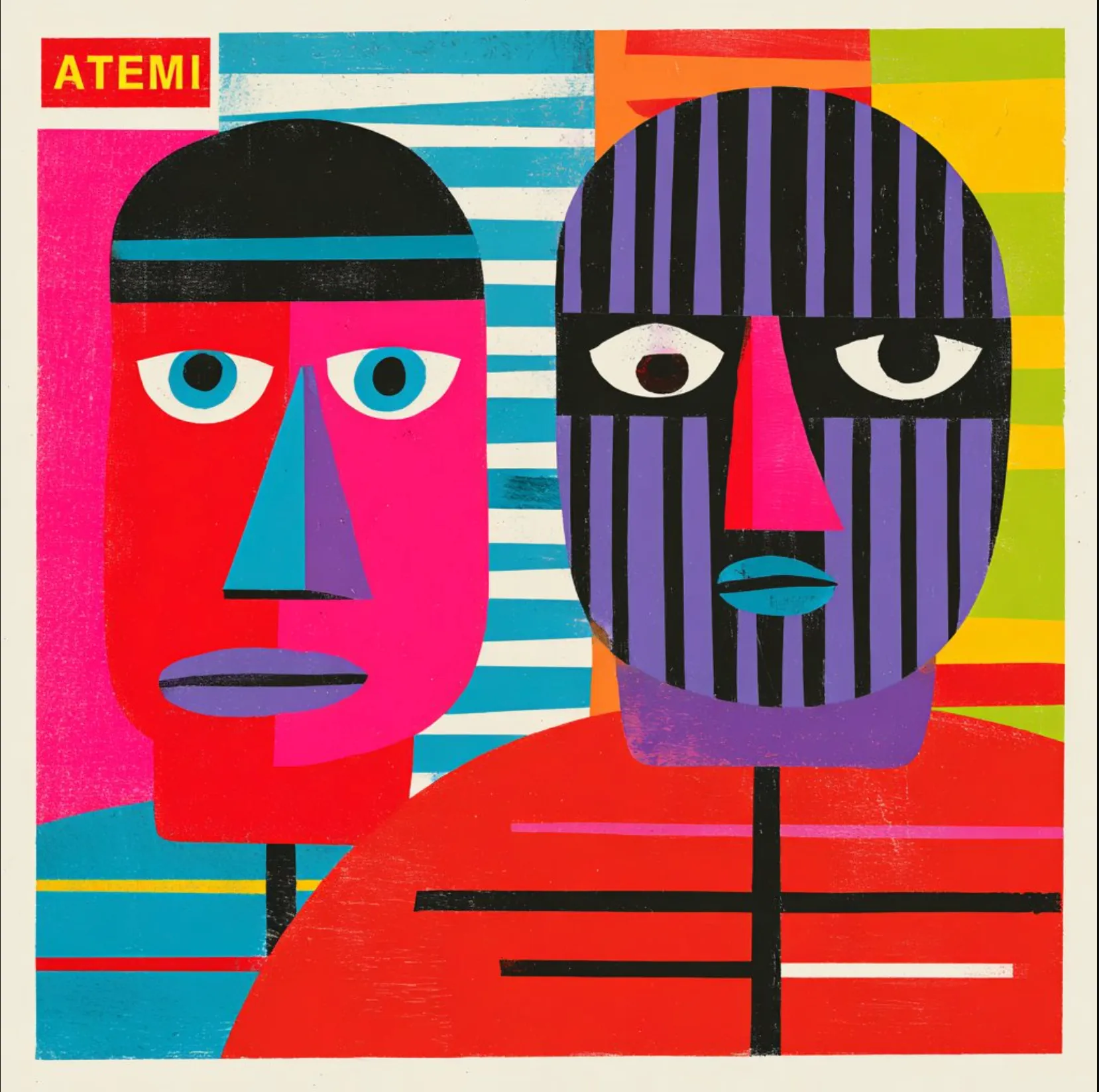 Illustration colorée de deux visages stylisés, le duo réalisateur et producteur d'ATEMI