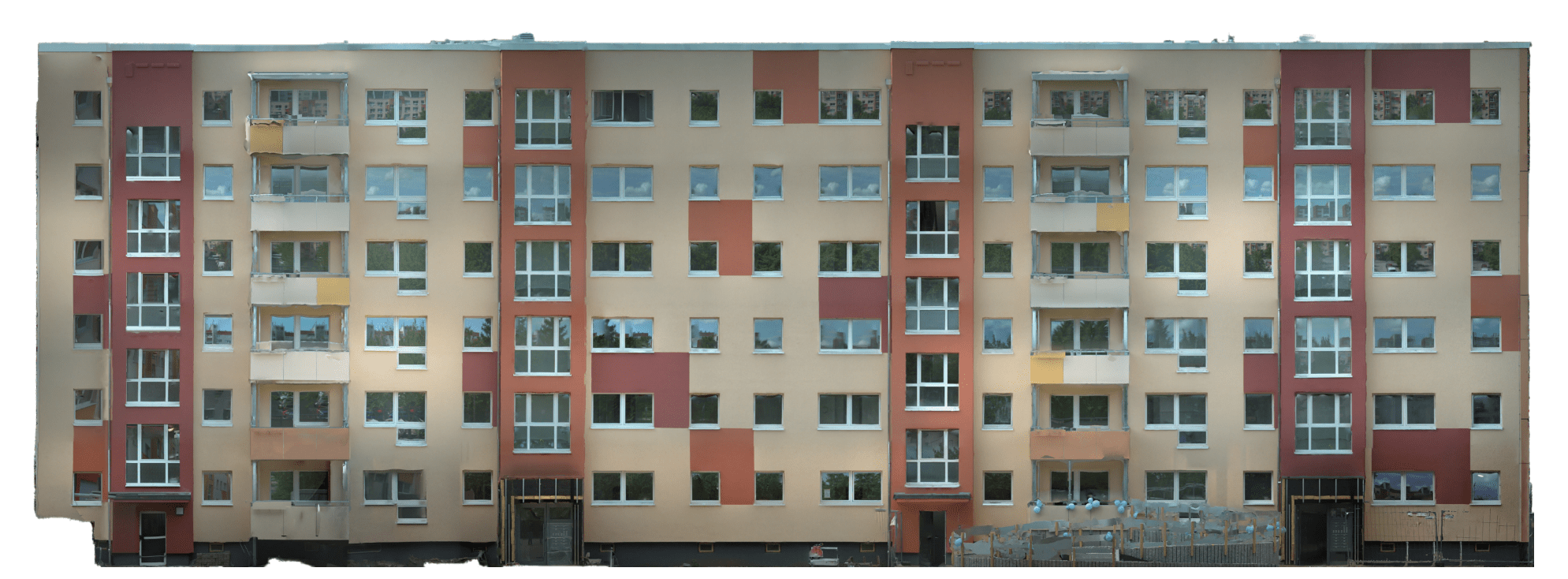 Hochaufgelöstes Orthofoto der Gebäudefassade zur genauen Bestandsaufnahme.