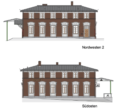 Zwei digitale Fassadenansichten eines Gebäudes zur Planung und Sanierung