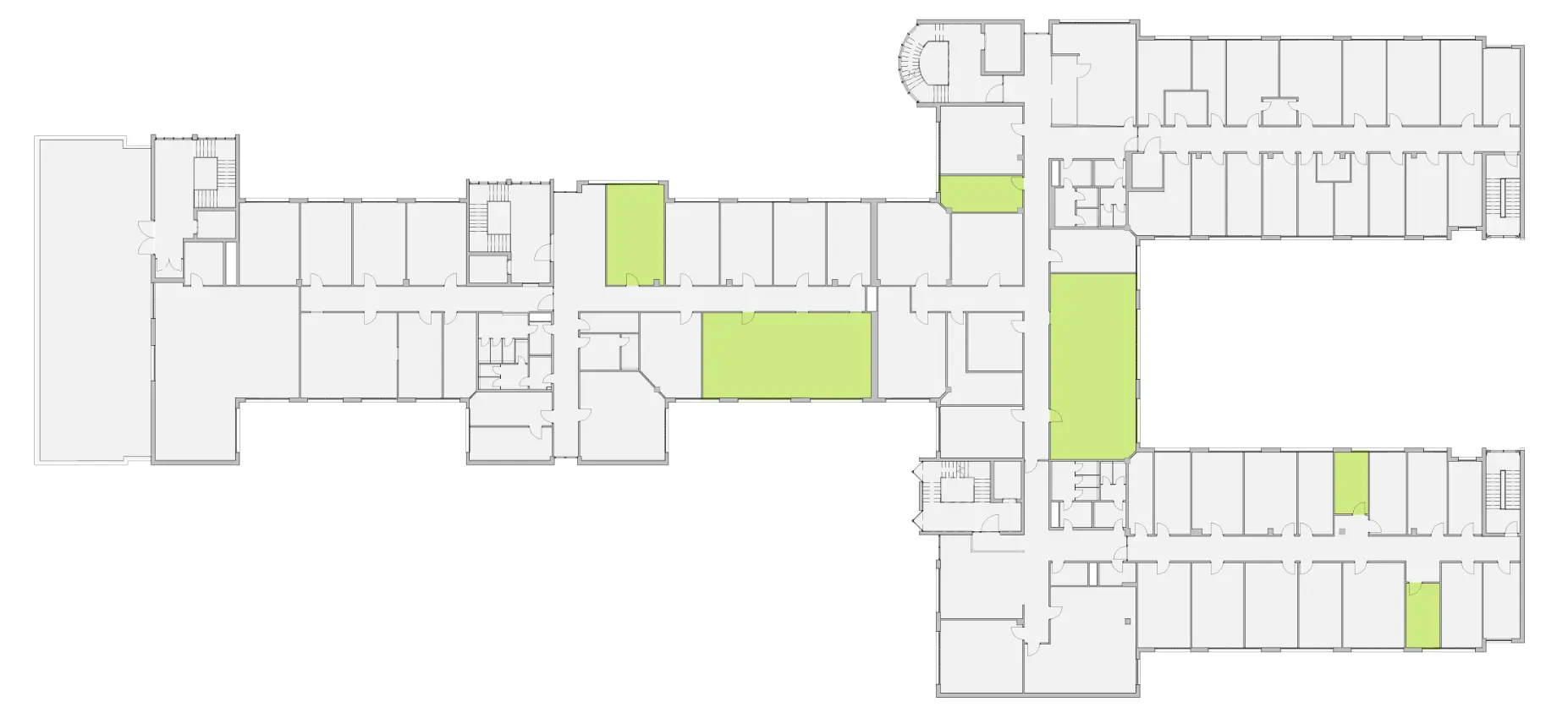 Gebäudegrundriss mit markierten Besprechungsräumen in Hellgrün, Gesamtfläche 211,62 m².