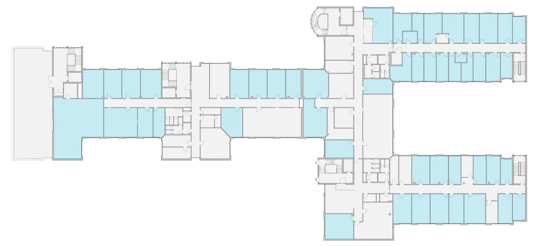 Gebäudegrundriss mit markierten Büroflächen in Hellblau, Gesamtfläche 1.088,13 m².