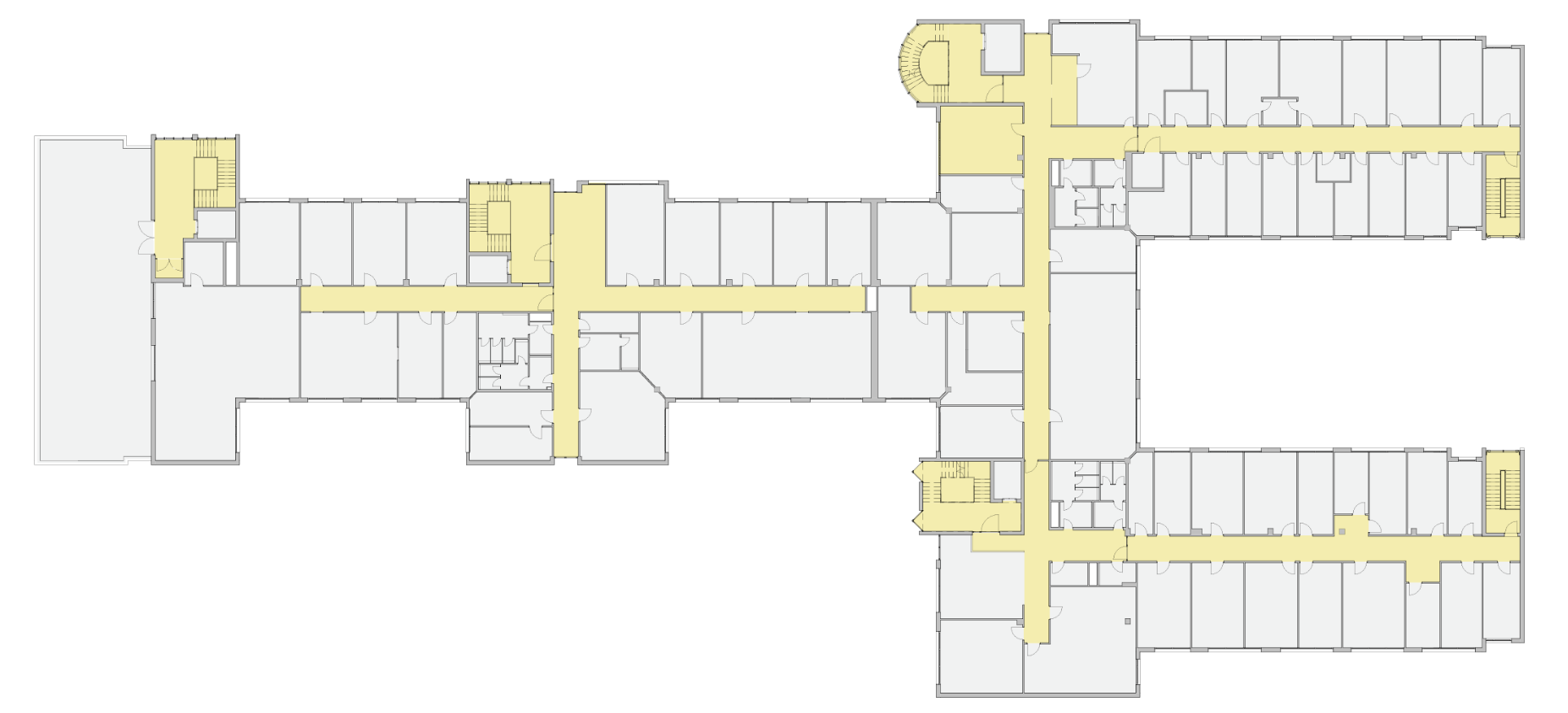 Gebäudegrundriss mit gelb markierten Verkehrsflächen (Flure, Gänge), Gesamtfläche 508,05 m².