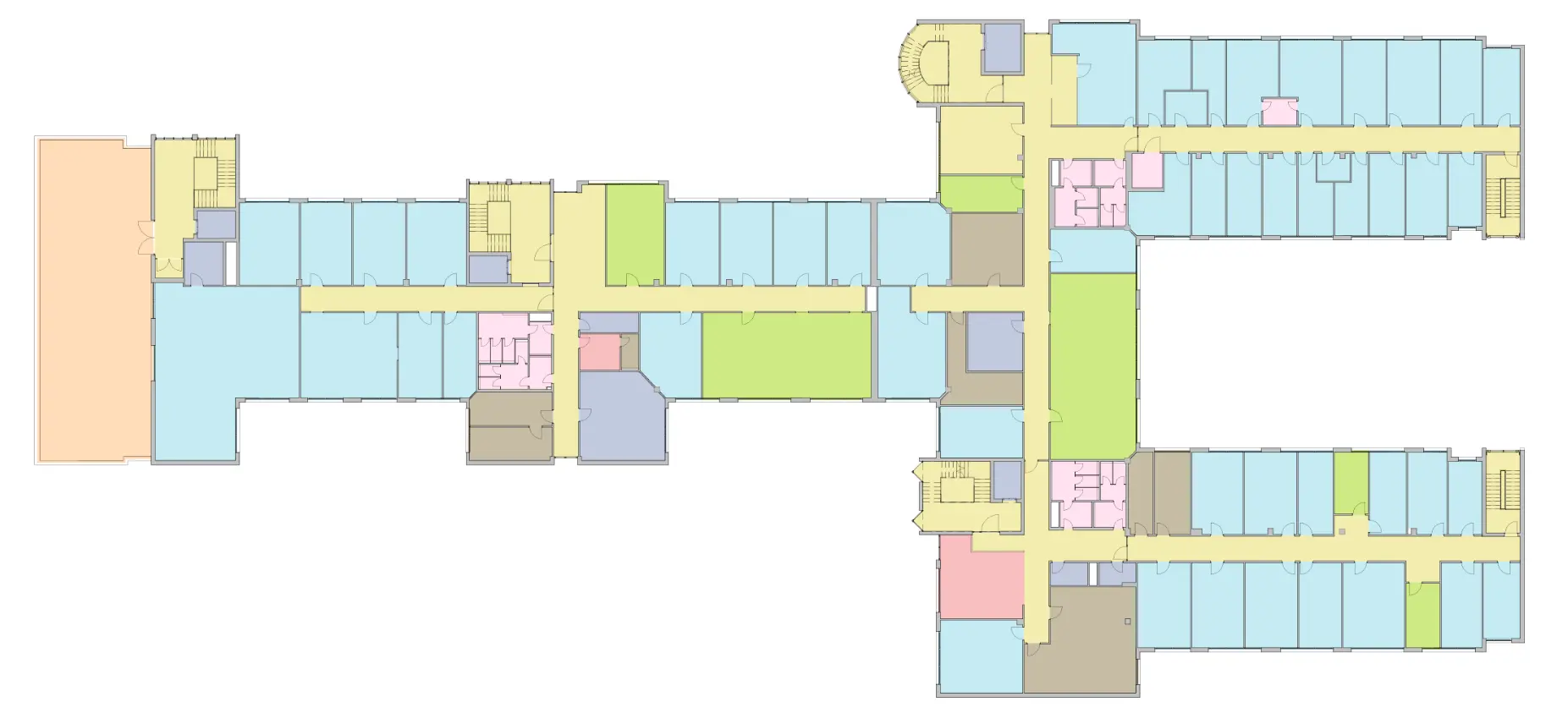 Farbcodierter 2D-Grundriss eines Gebäudes mit Legende zur Raumzuweisung: Besprechungsraum, Büro, Küche, Lager, Technik, Terrasse, Verkehrsfläche, WC.