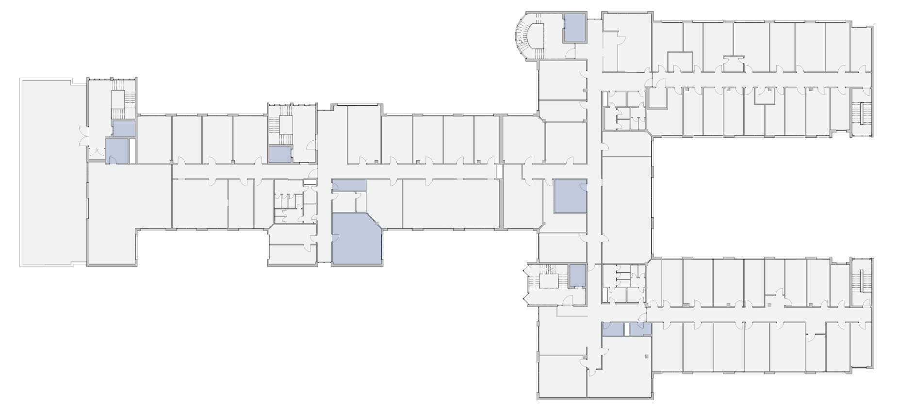 Gebäudegrundriss mit markierten Technikräumen in Graublau, Gesamtfläche 95,52 m²
