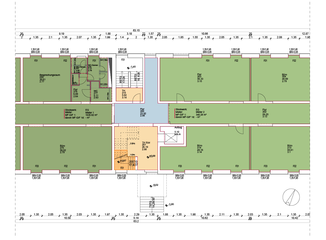 Grundriss mit farblicher Darstellung der vermietbaren Fläche nach GIF – Gesamtfläche 458,4 m²