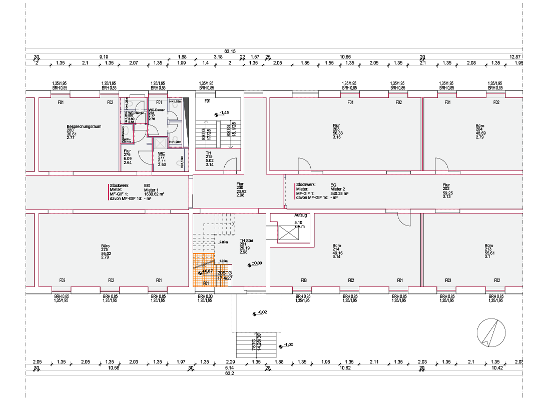 Grundriss mit Darstellung der Fläche mit Raumhöhe unter 1,50 m – anteilige Anrechnung auf Mieter 1 und 2