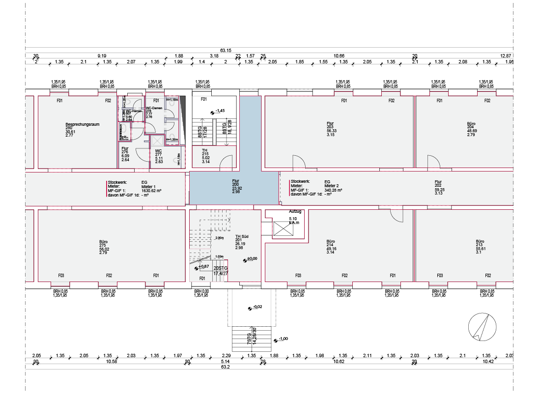 Grundriss mit gemeinschaftlich genutzter Fläche – Flur wird anteilig auf Mieter 1 und 2 angerechnet