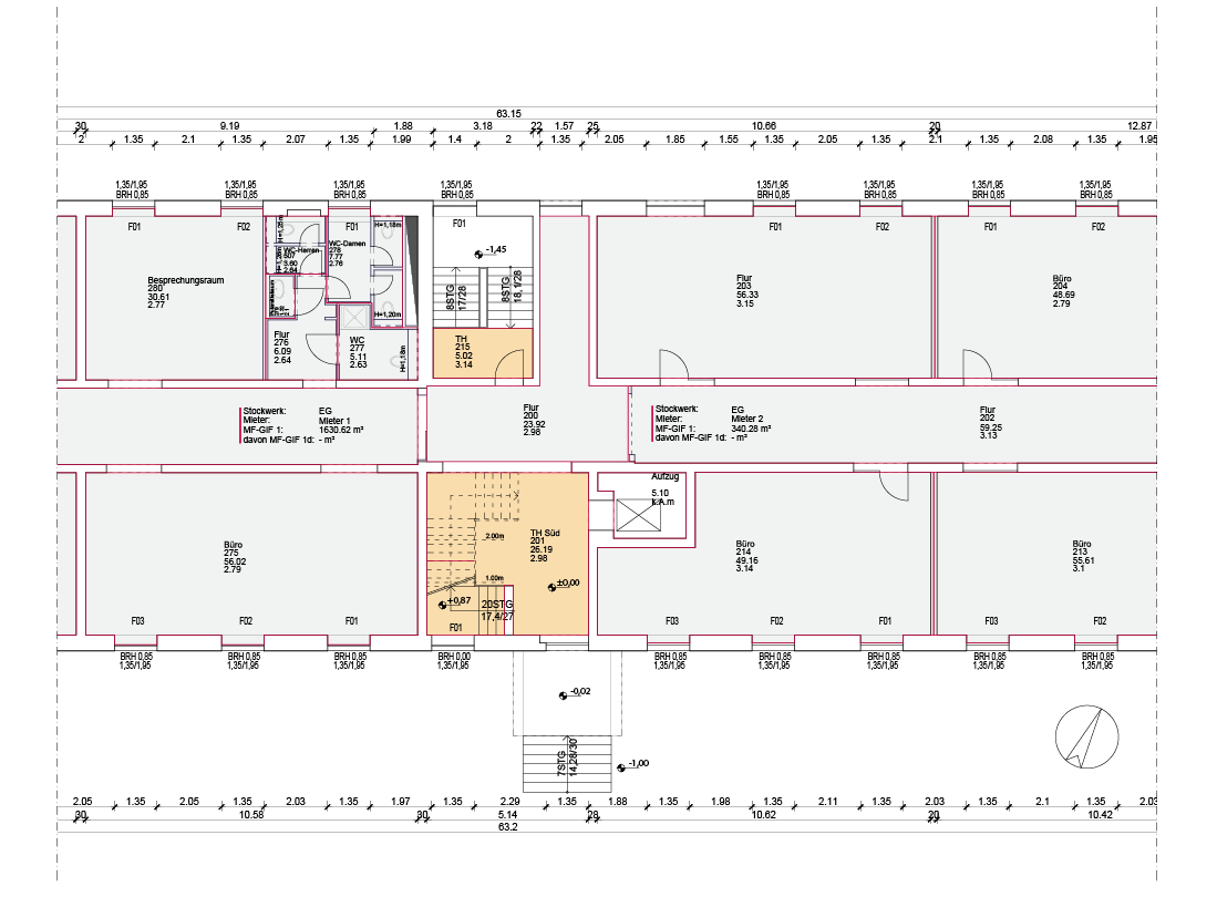 Grundriss mit gemeinschaftlich genutzter Fläche – Hauptpodeste des Treppenhauses werden anteilig auf Mieter 1 und 2 angerechnet