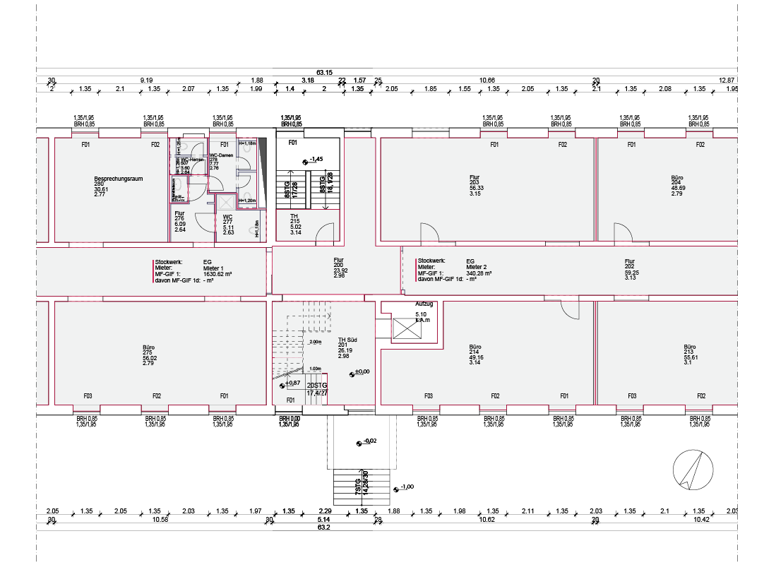 Grundriss mit Darstellung der tragenden Wände, die nicht zur vermietbaren Fläche zählen