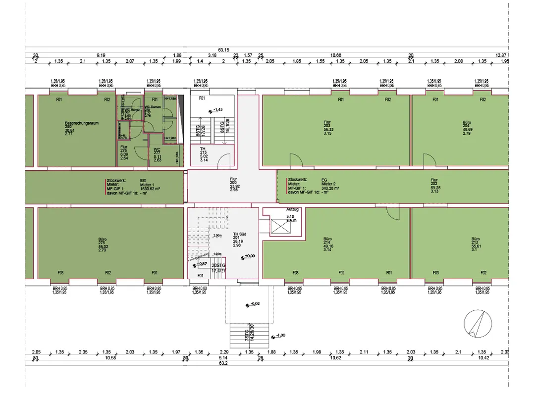 Grundriss mit farblicher Darstellung der vermietbaren Fläche nach DIN277 – Gesamtfläche 403,27 m²